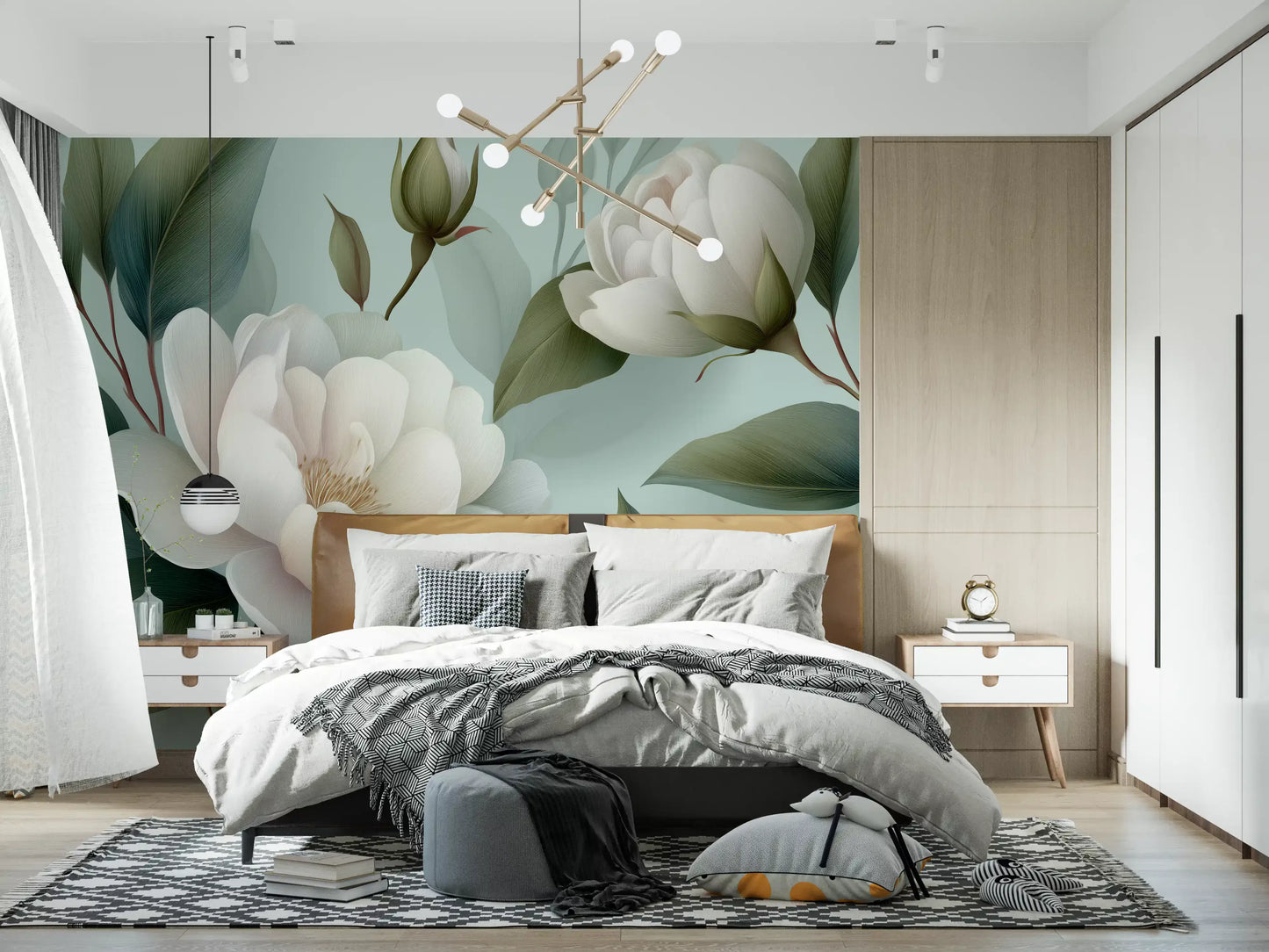Serene Sage White Peonies Floral Wall Mural