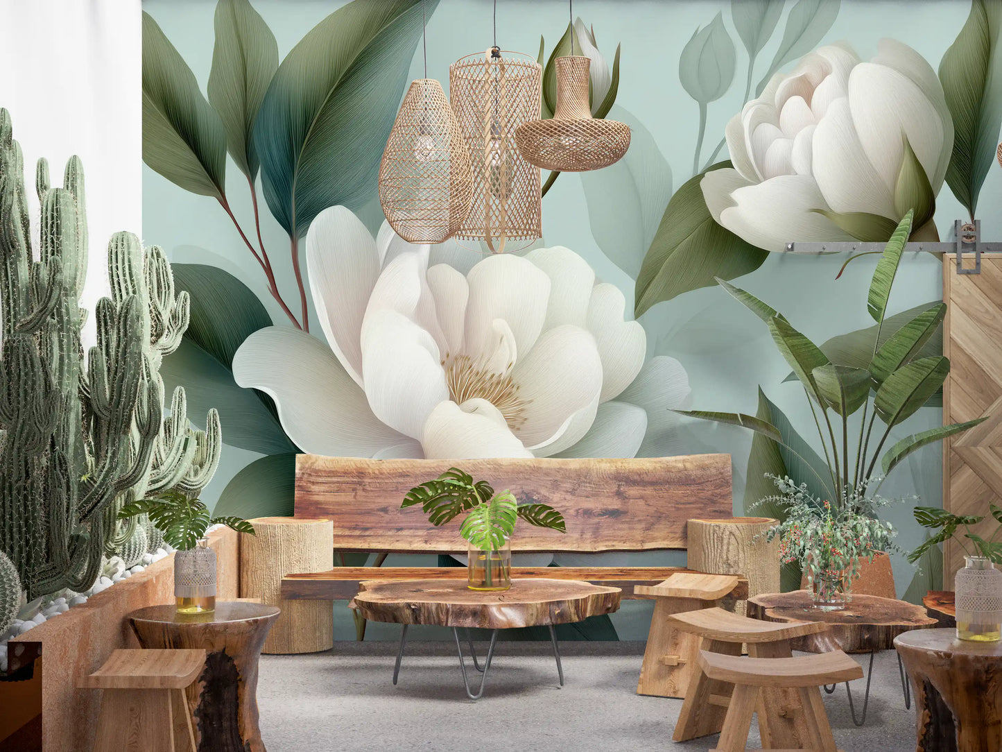 Serene Sage White Peonies Floral Wall Mural