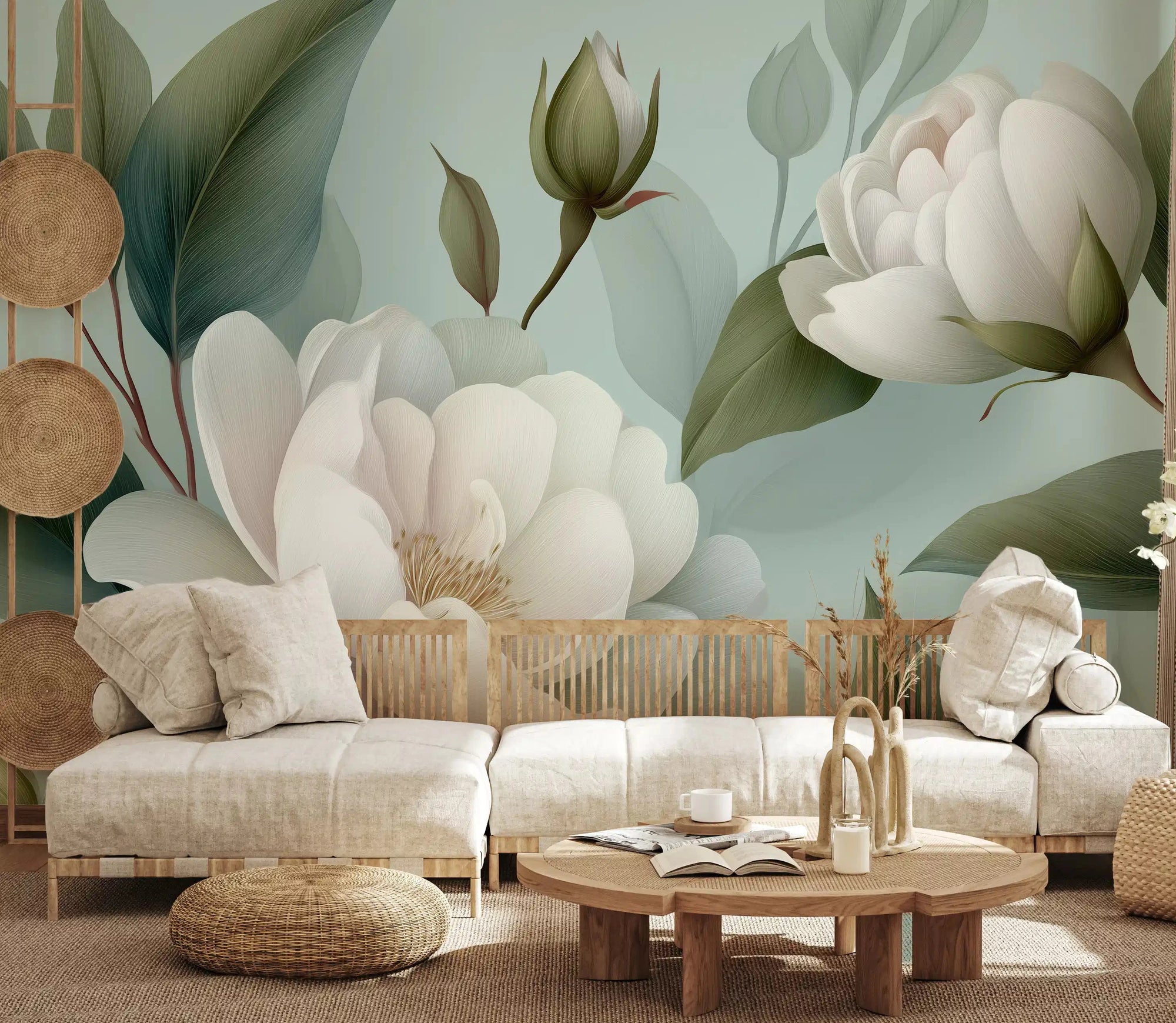 White peonies open over a sage living room in this floral wall mural, GD10810