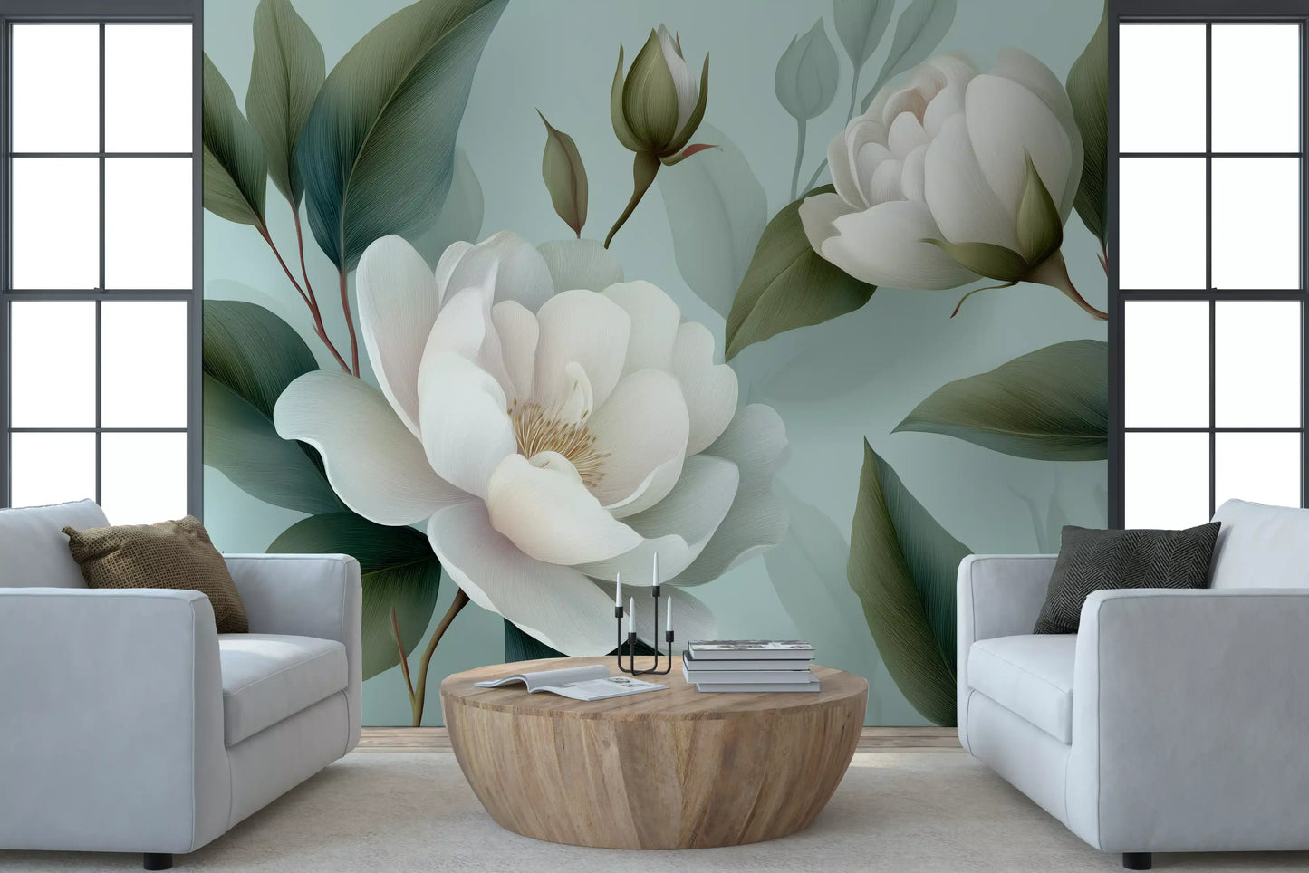 Serene Sage White Peonies Floral Wall Mural