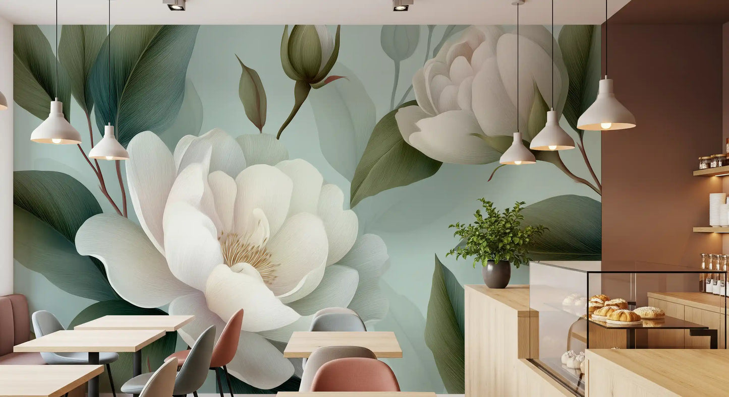 Serene Sage White Peonies Floral Wall Mural
