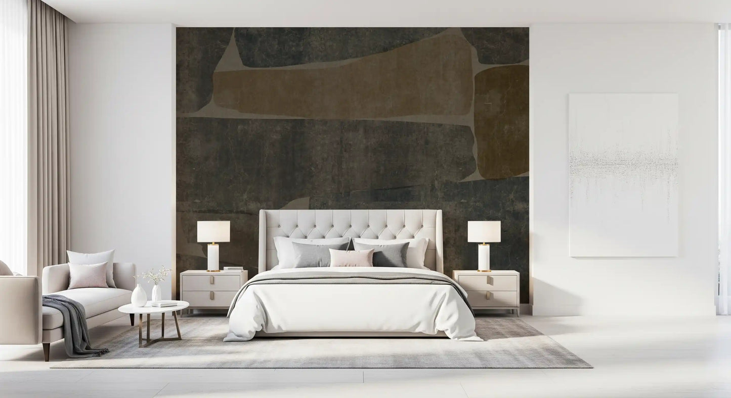 Calm, grounded mood in a bedroom behind the stone slab wall mural, GD10811

