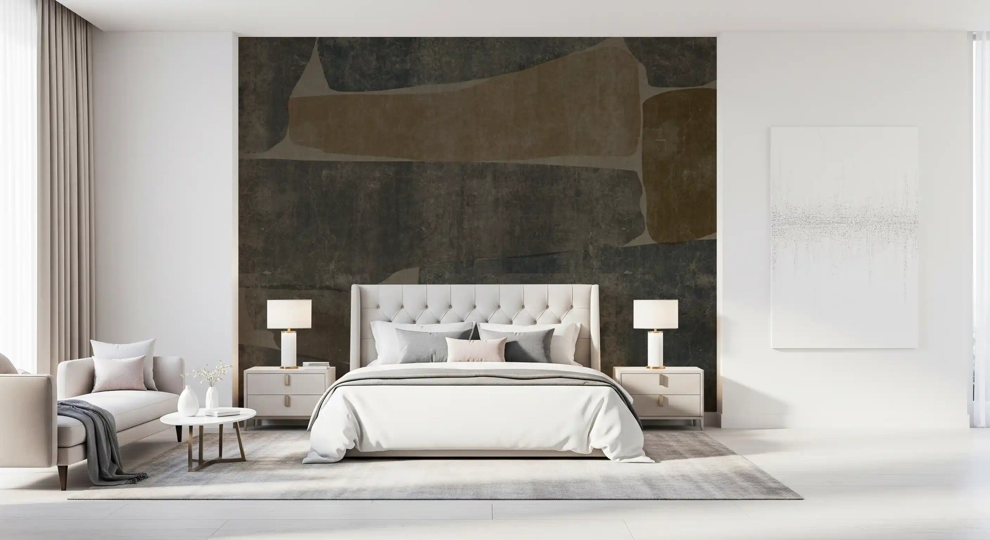 Calm, grounded mood in a bedroom behind the stone slab wall mural, GD10811
