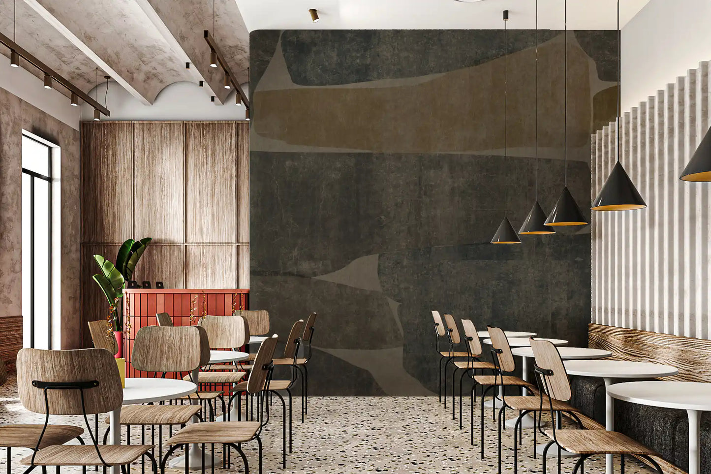Weathered stone slab wall mural warming a modern restaurant, GD10811
