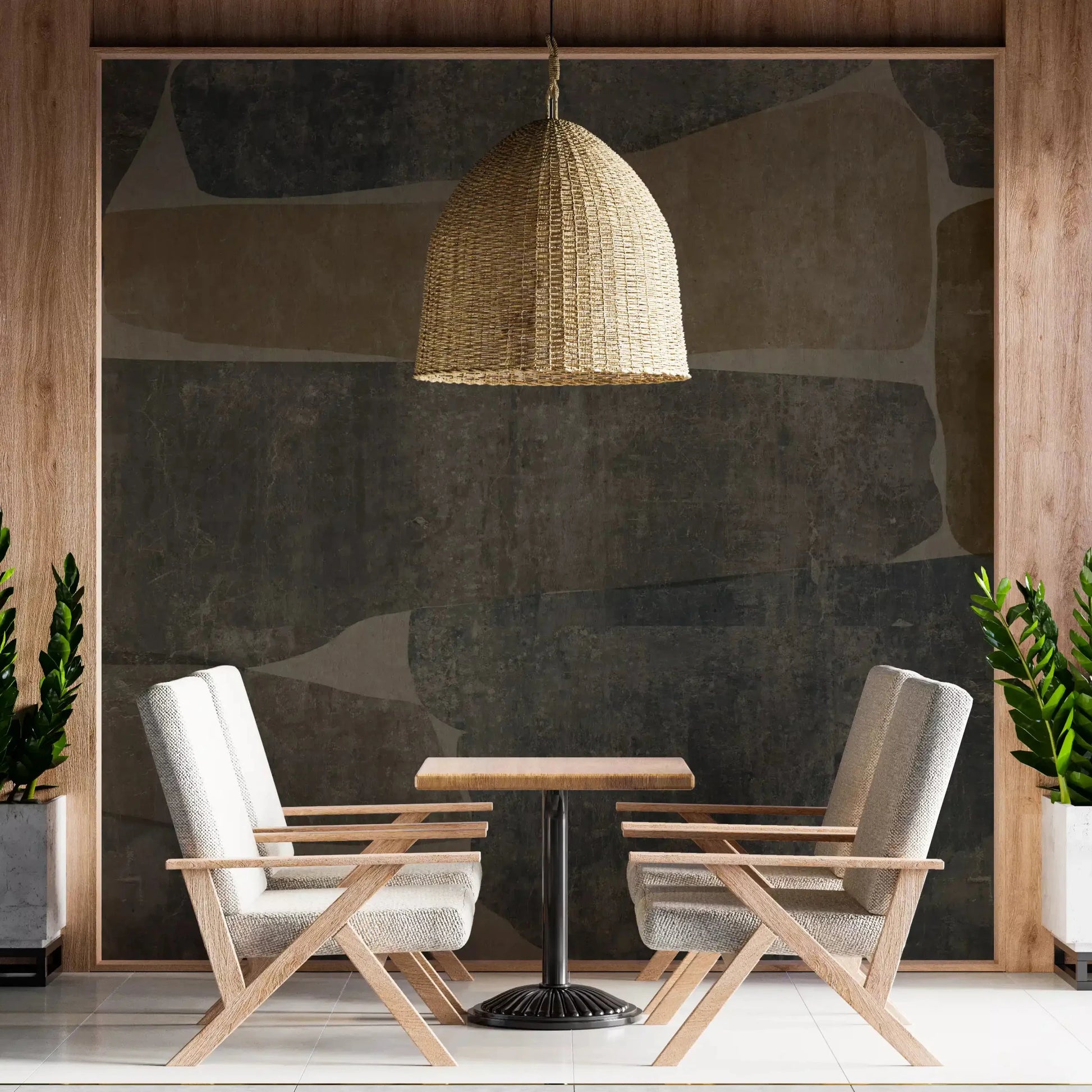 Charcoal stone slab wall mural grounding a modern living room, GD10811

