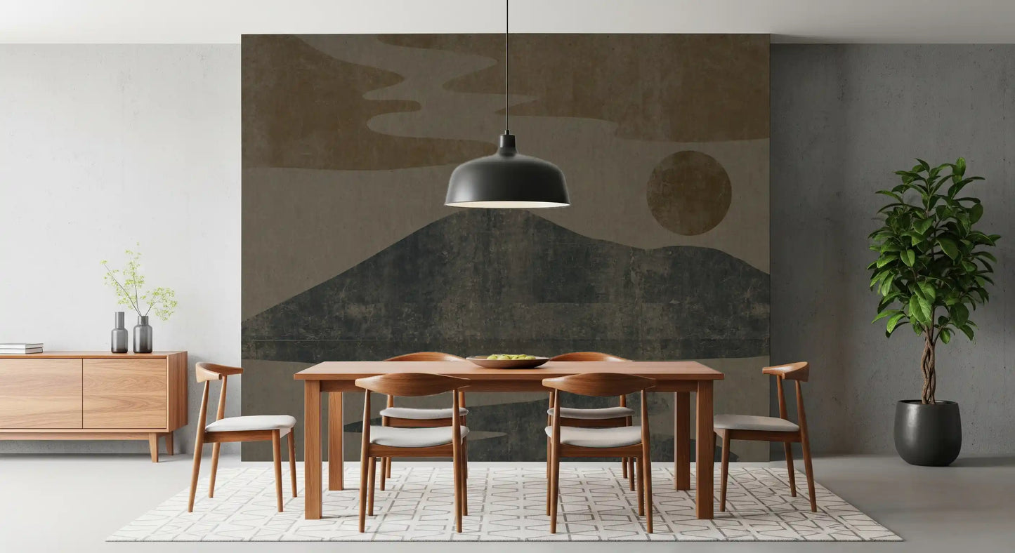 Muted charcoal hills warm a dining room as a wabi-sabi landscape wall mural GD10812