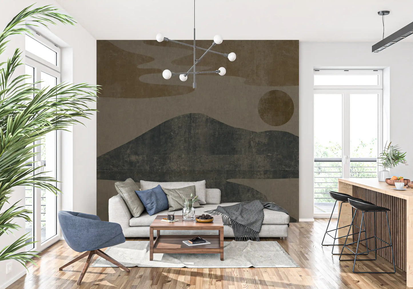 Textured charcoal and ochre give the landscape wall mural a weathered look GD10812
