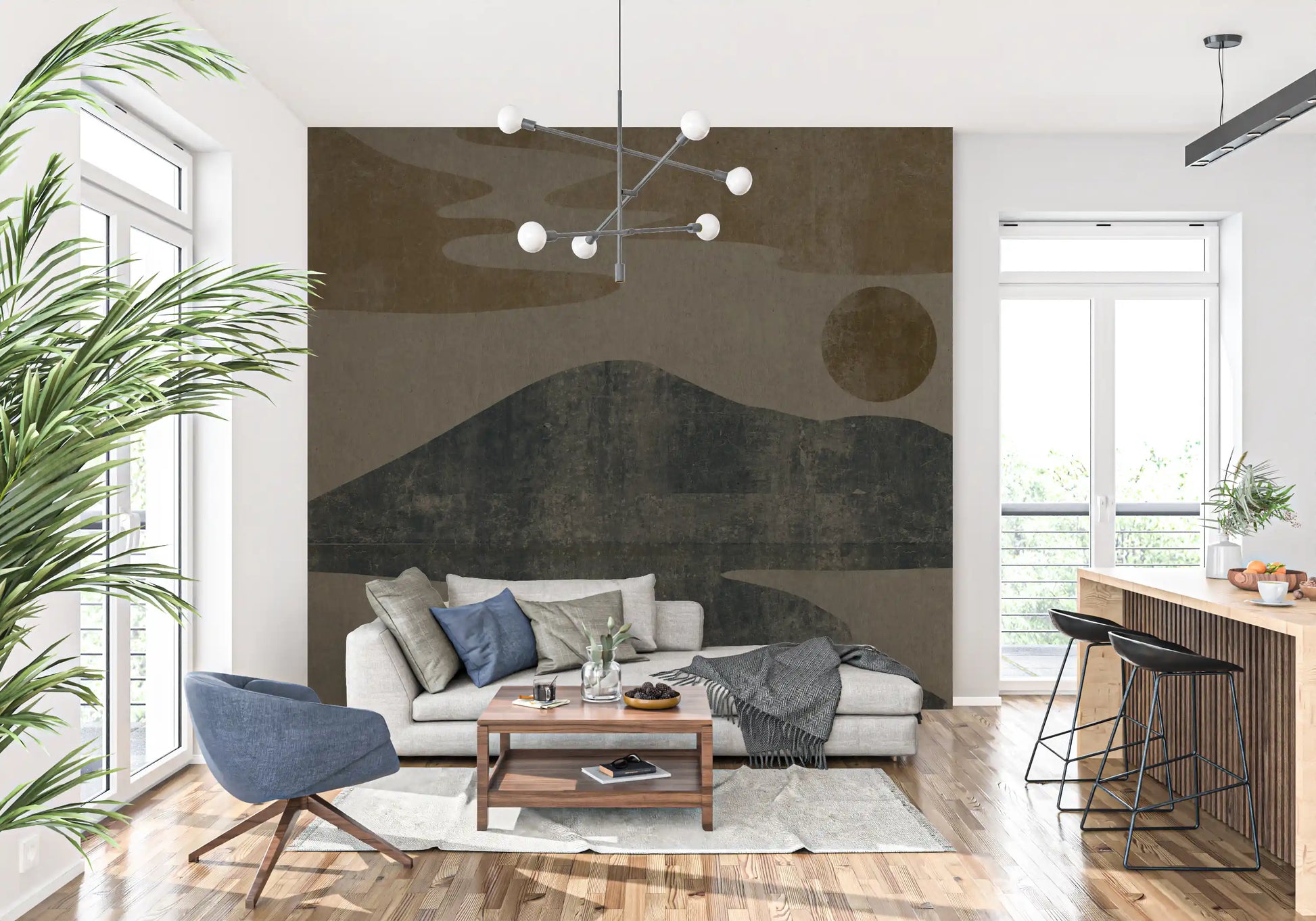 Textured charcoal and ochre give the landscape wall mural a weathered look GD10812

