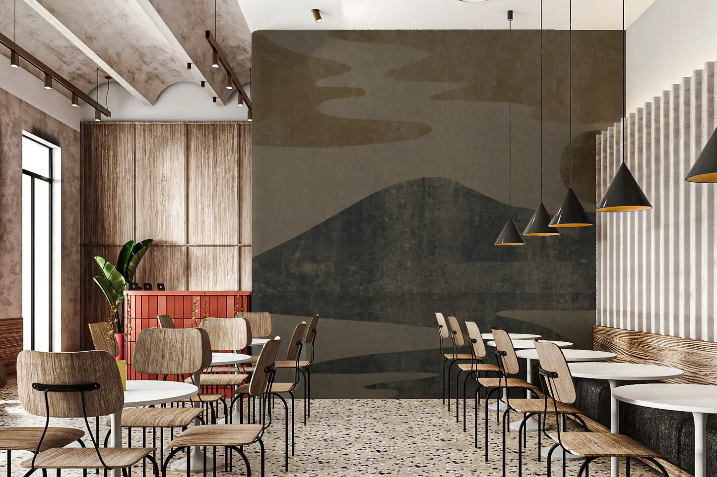 Earthy ochre and grey tones frame a Cafe and restaurant through the landscape wall mural GD10812
