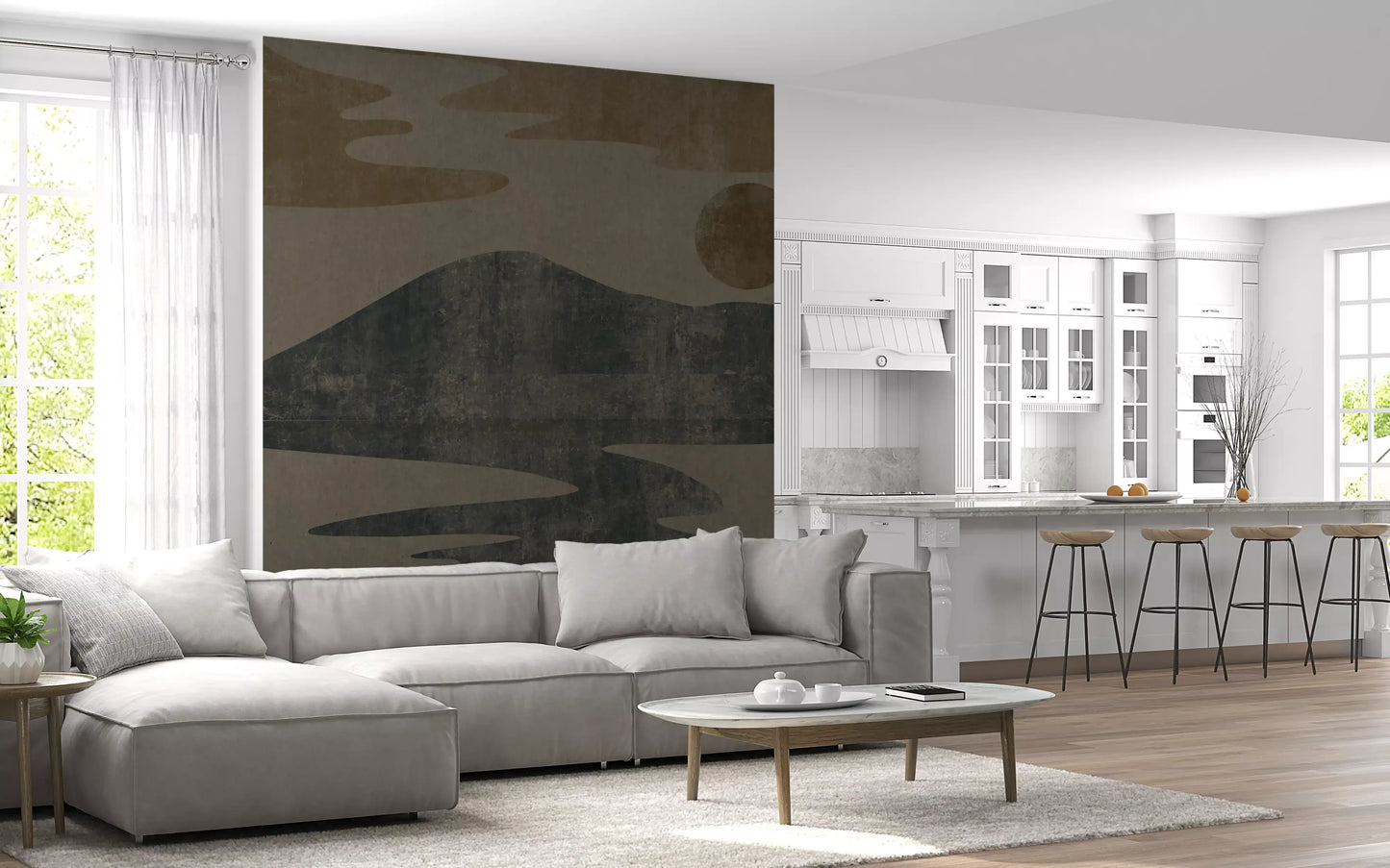 Weathered charcoal and ochre run down a Kitchen and living room as a landscape wall mural GD10812