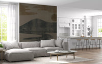 Weathered charcoal and ochre run down a Kitchen and living room as a landscape wall mural GD10812
