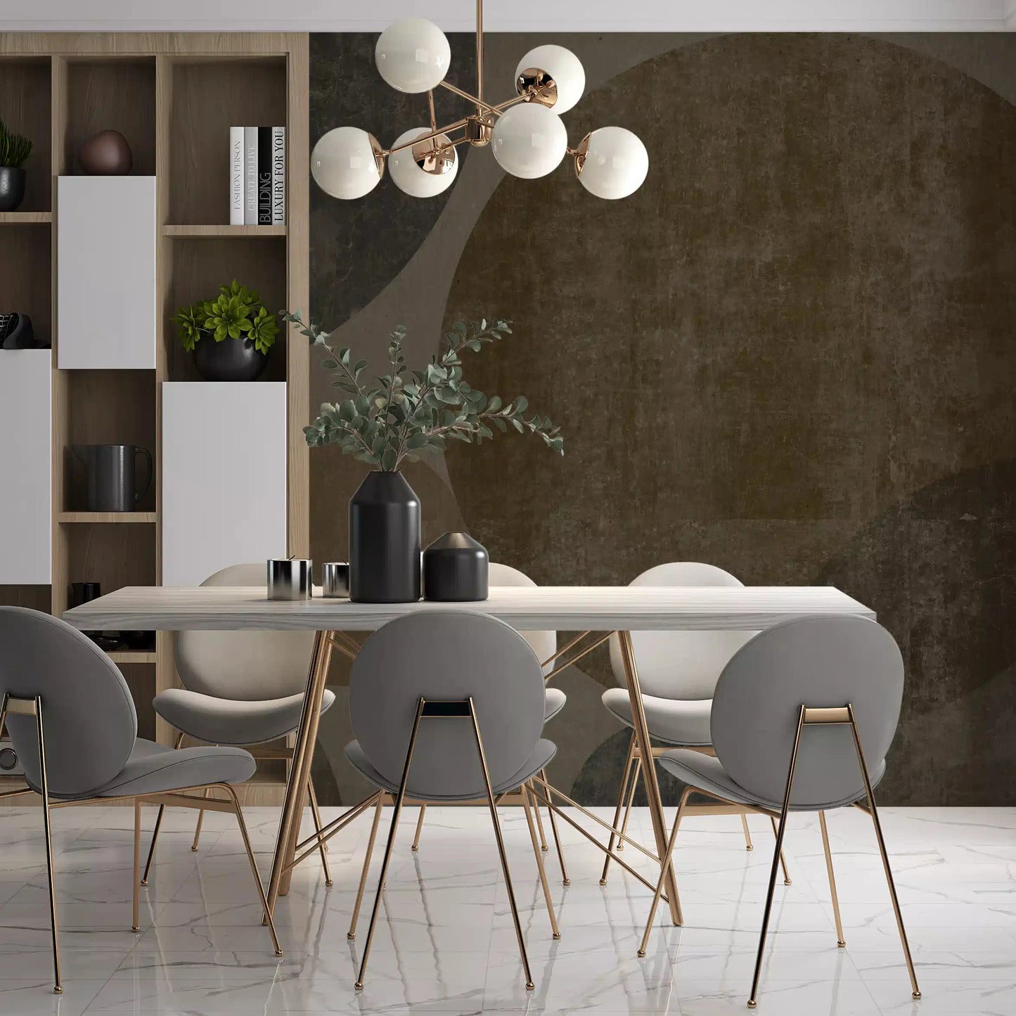 Concrete spheres fill a dining room in the Industrial Geometric wall mural, GD10813
