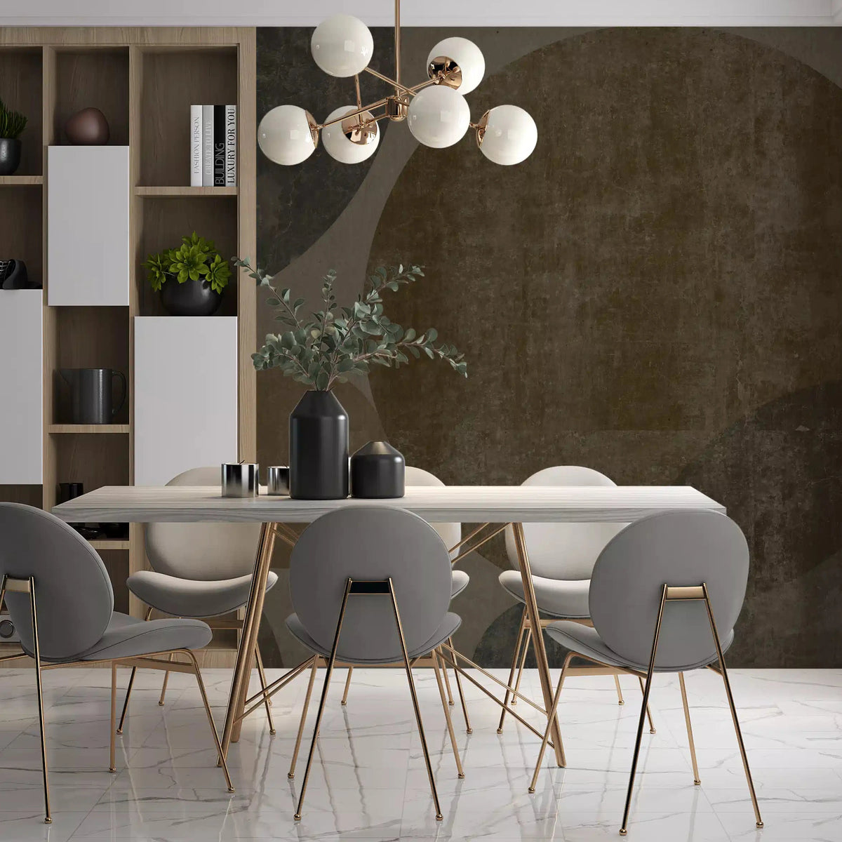 Concrete spheres fill a dining room in the Industrial Geometric wall mural, GD10813
