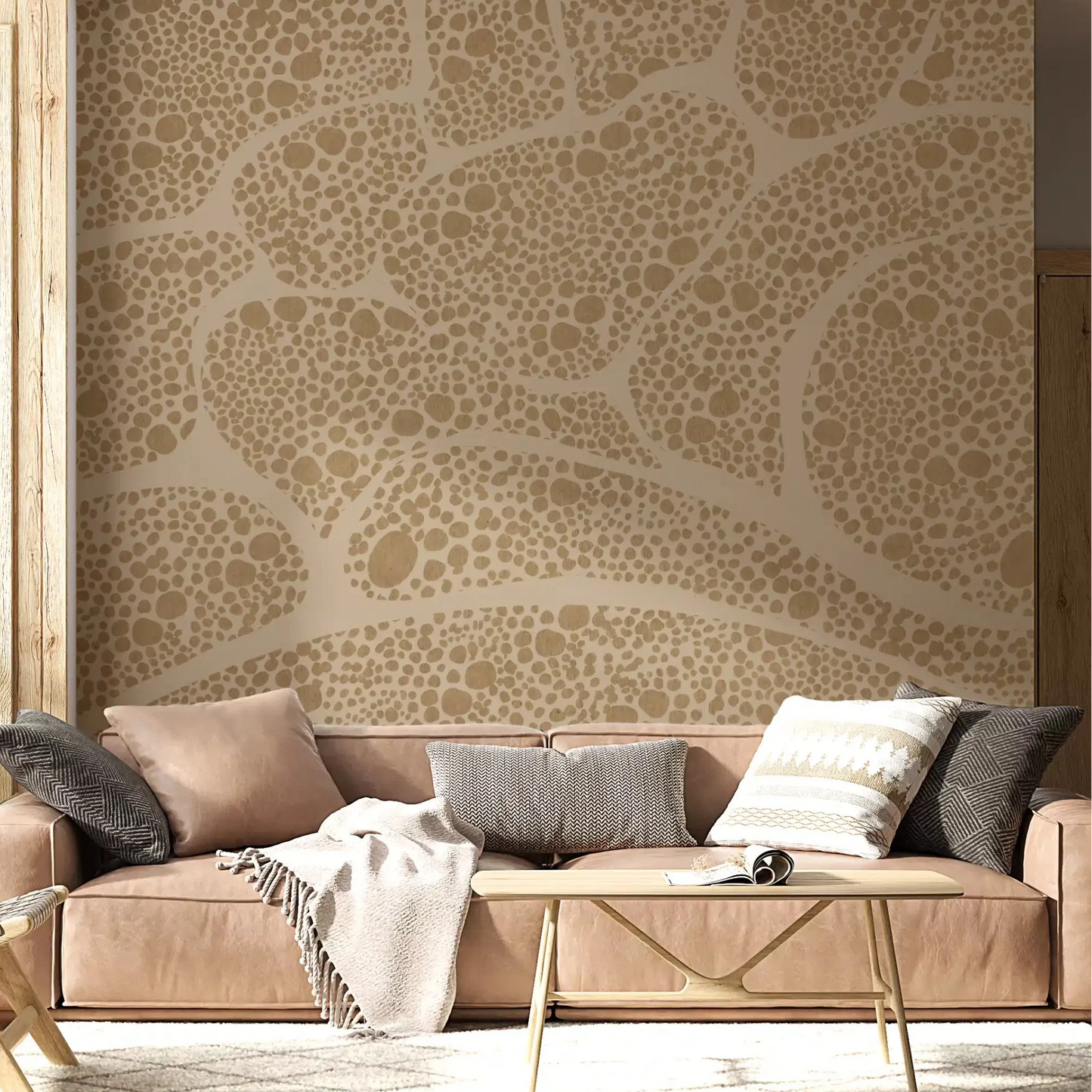 Beige pebble cells wrap a calm Living room in this textured wall mural, GD10815
