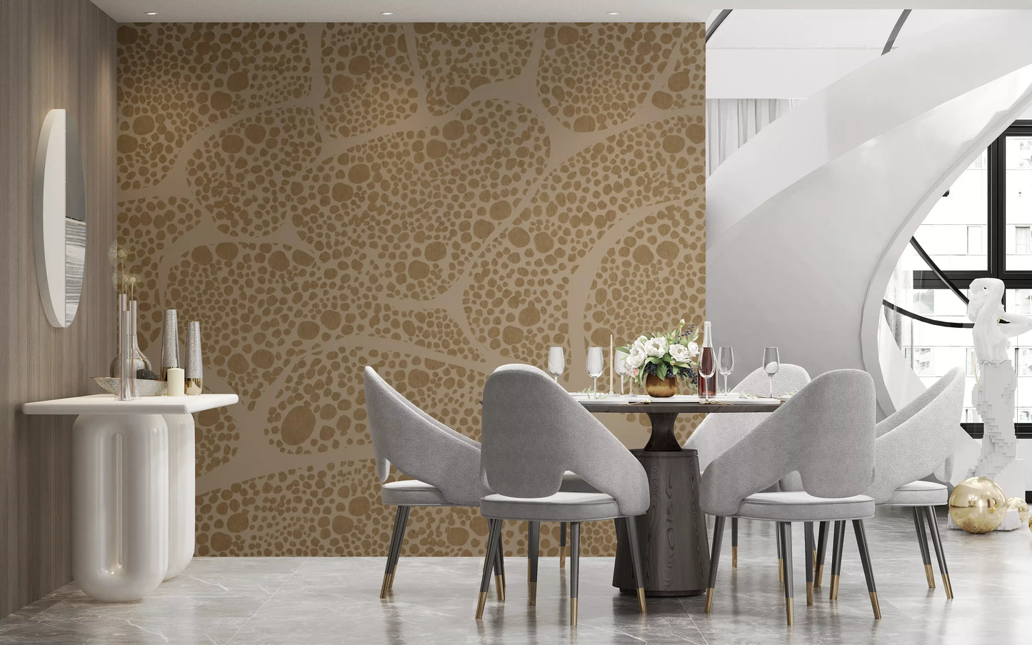 Neutral stone cells frame a relaxed Dining room, Organic Pebble wall mural GD10815
