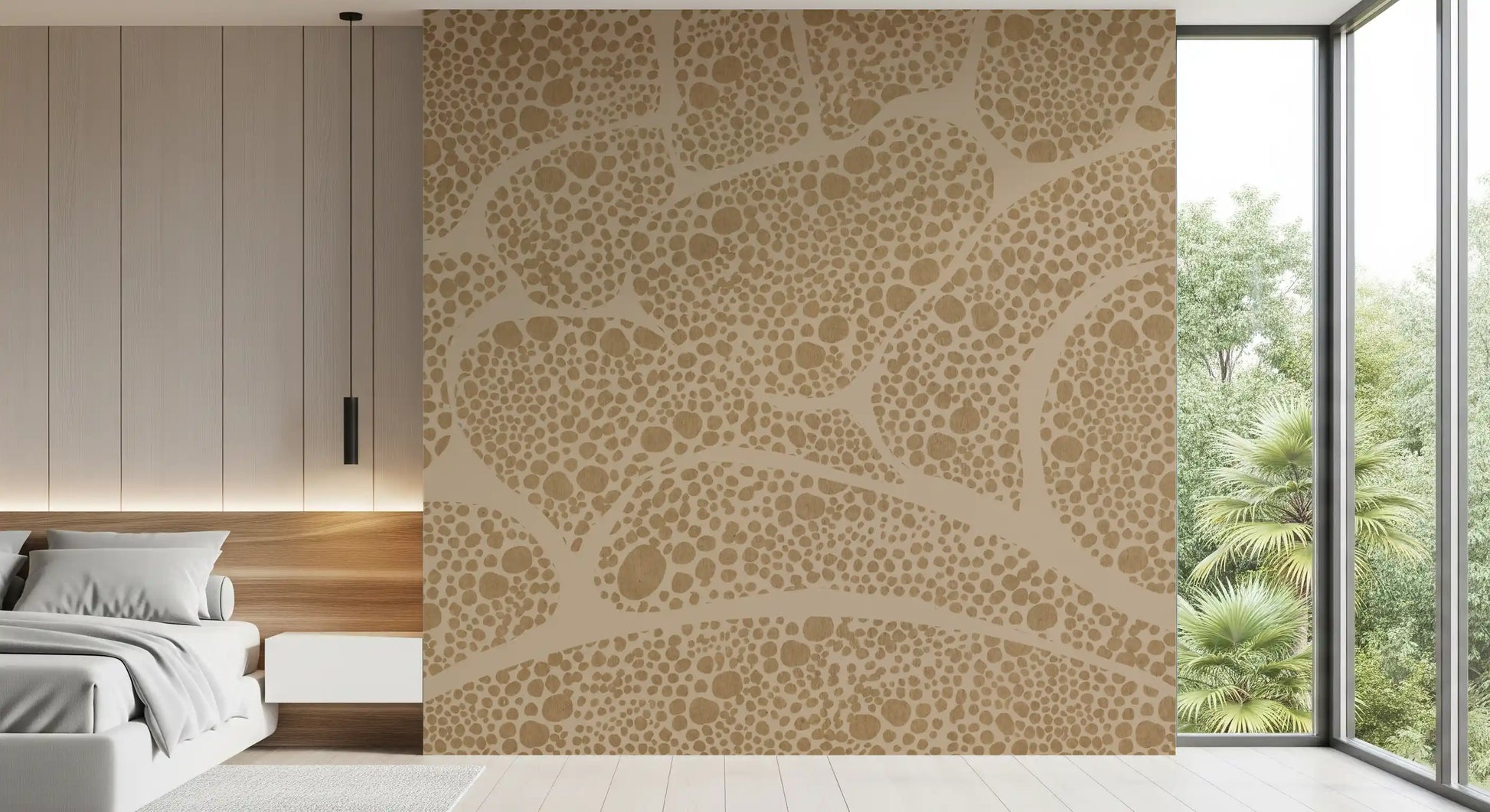 Sandy organic dots surround a cosy bedroom, Textured Pebble wall mural GD10815

