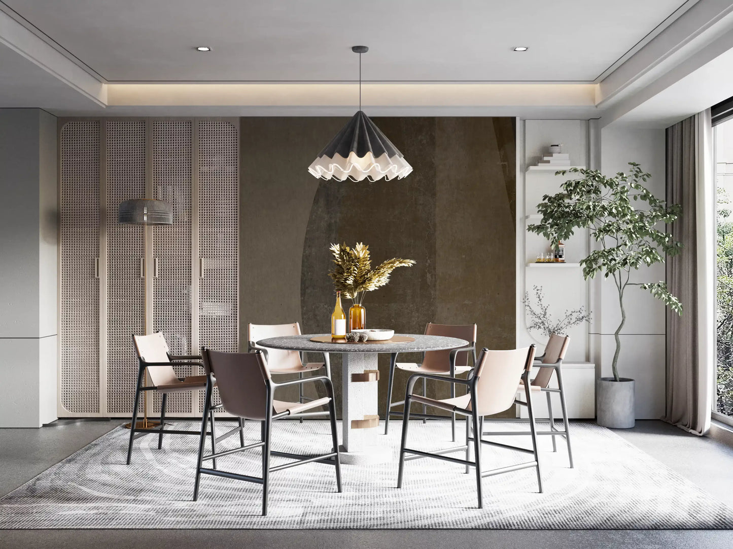 Mid-century arcs wall mural running down a slim Dining area, GD10816
