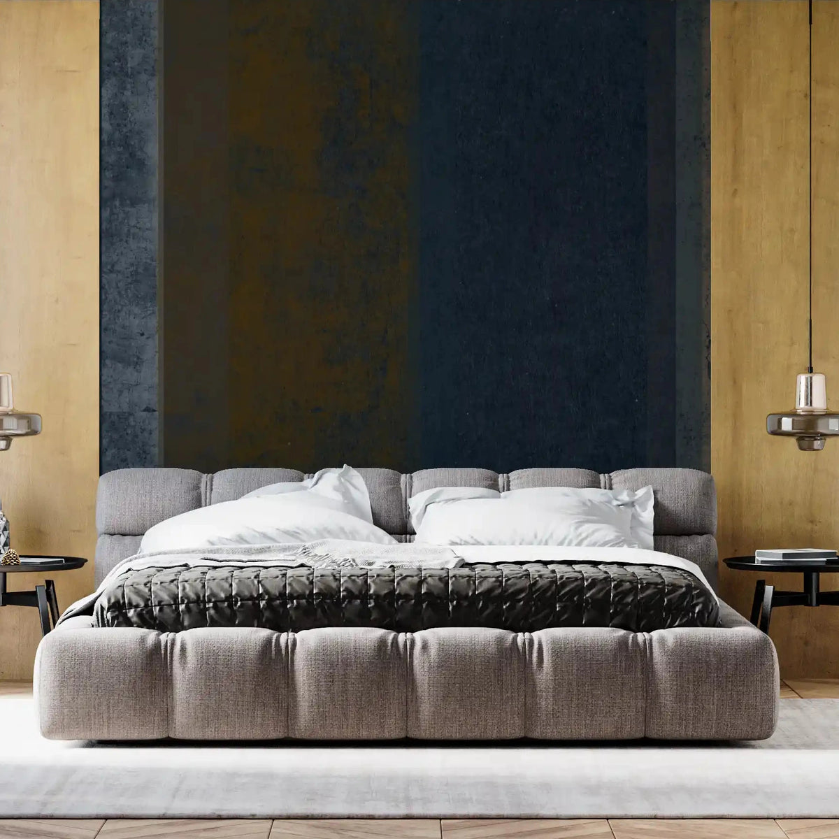 In a bedroom, textured earth stripes rise floor to ceiling in the wall mural GD10817