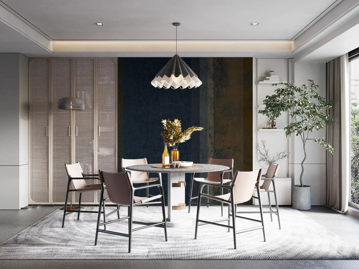 Moody iron and ochre bands warm a dining room as a striped wall mural GD10817