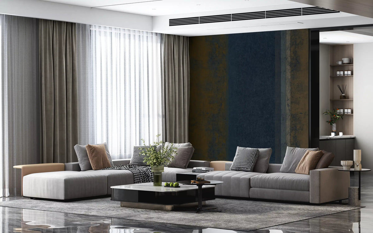 Upright iron stripes run along a hallway as this Moody Earth wall mural GD10817