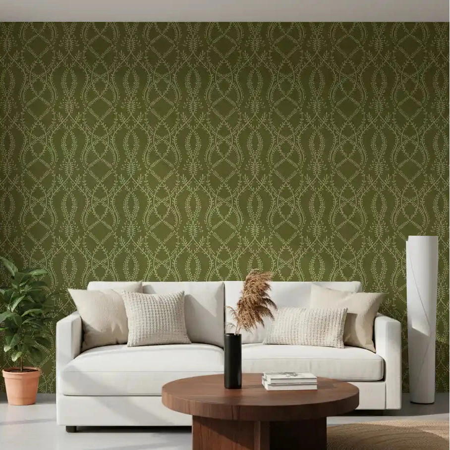 Olive vines climb a calm living room in this botanical wallpaper, GD10820