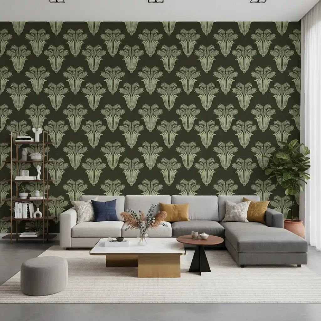Green palm damask wallpaper gives a living room a rich vintage mood GD10828
