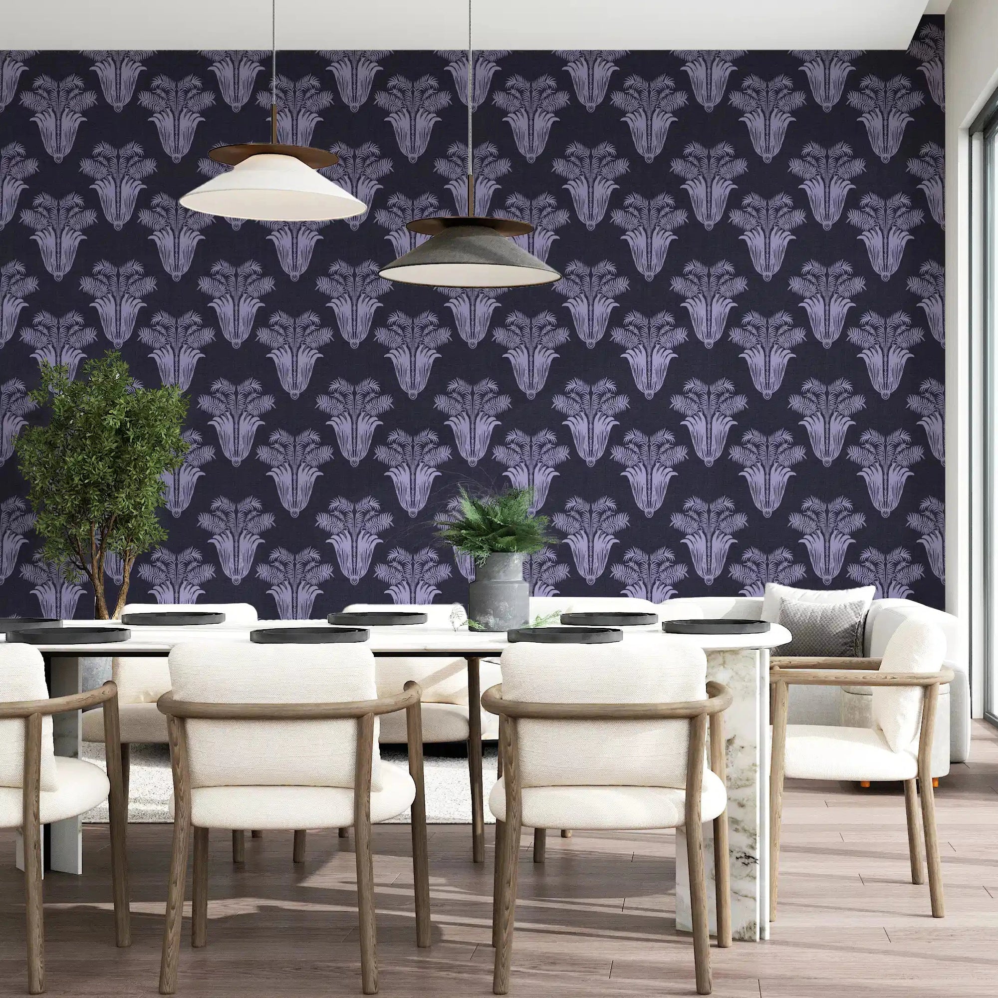Lilac palm fronds fill a dining room in the Moody Violet wallpaper, GD10829

