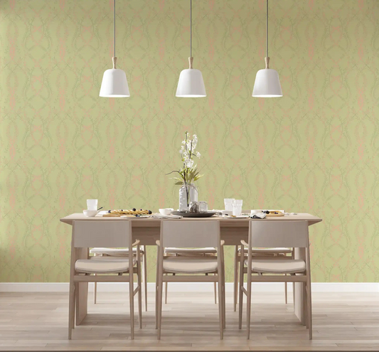 Blush and green vines climb a calm dining room in this ogee wallpaper, GD10831
