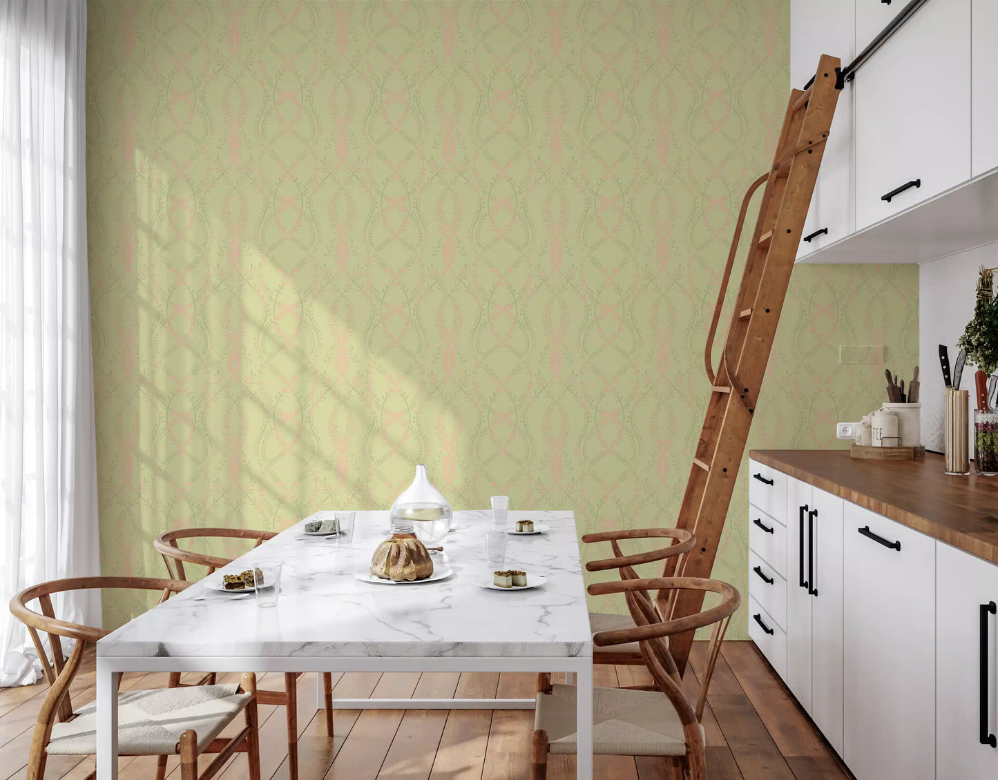 Soft Sage and Blush Pink Botanical Ogee Wallpaper Wallpaper⁠