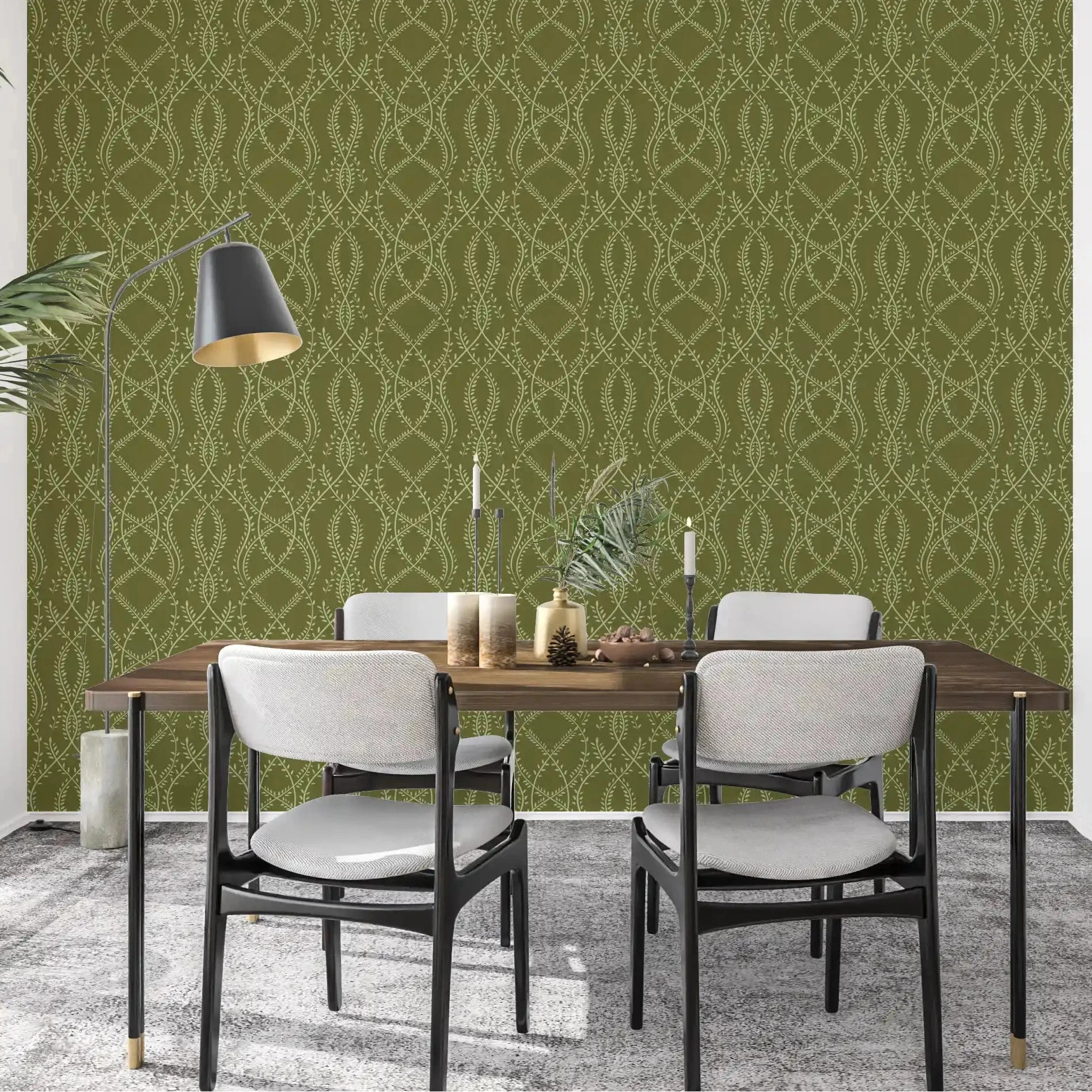 Sage laurel trellis wallpaper warming a calm Dining room, GD10832
