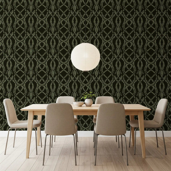 Sage vines fill a dining room in the Midnight Interlocking Vine wallpaper, GD10834
