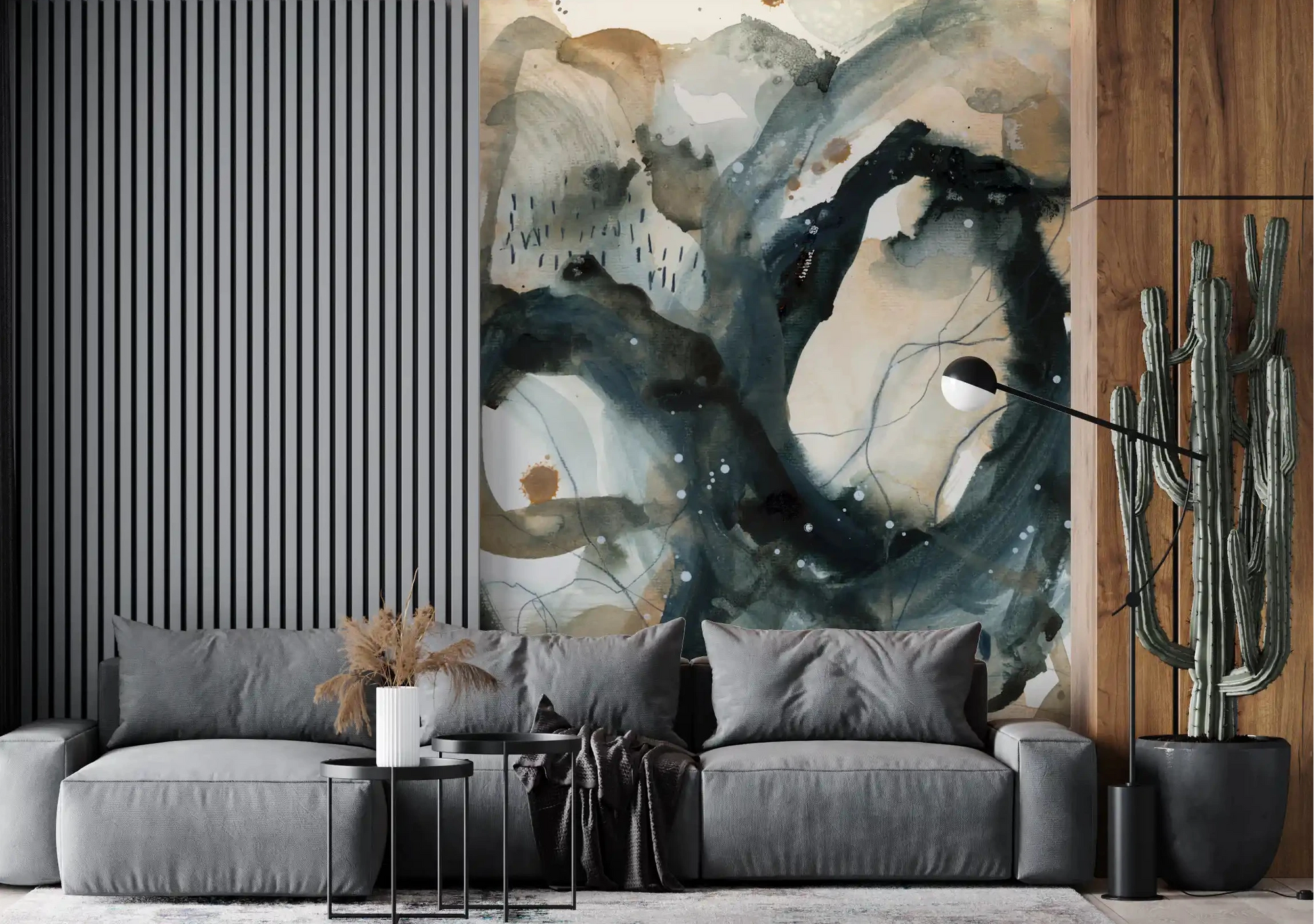 Navy and sand ink wash wall mural set behind a relaxed living room, GD10847

