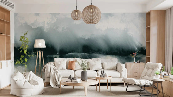 Misty horizon wall mural spanning a calm living room feature, GD10849
