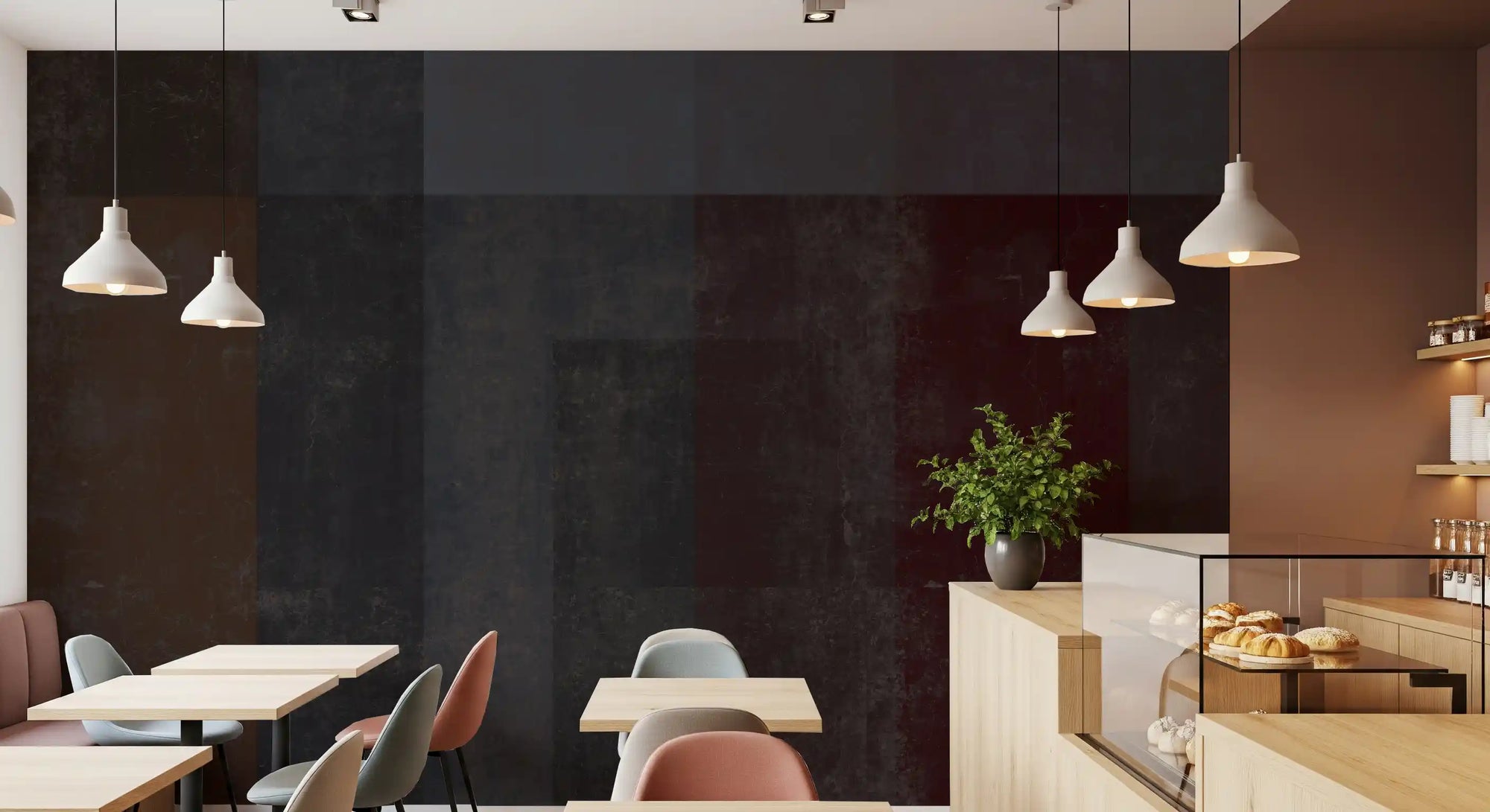 Dark block grid wall mural spanning a moody Restaurant feature, GD10855
