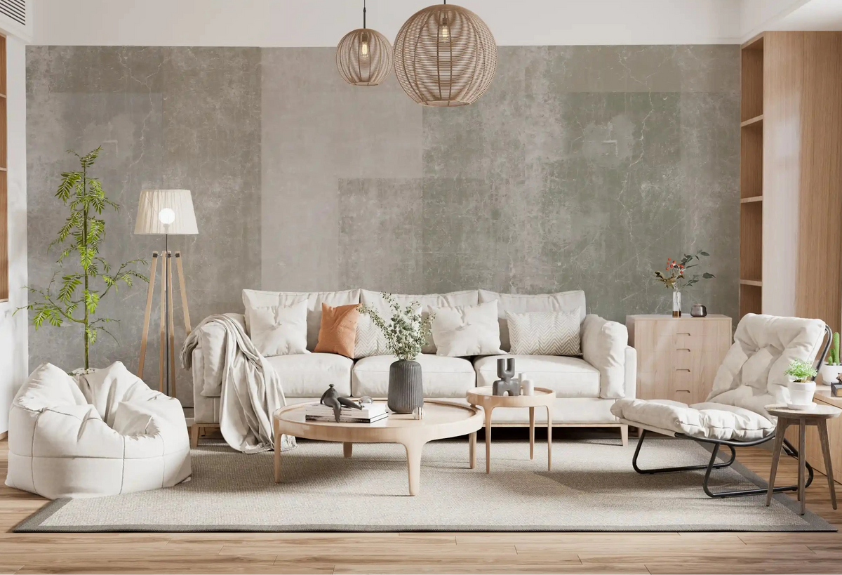 Muted block geometry spreads behind a living room Concrete Geometric wall mural GD10856
