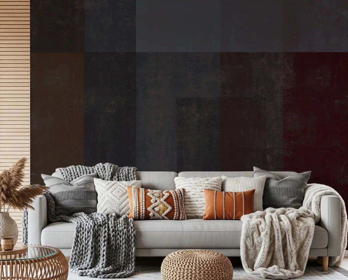 Crimson Charcoal plaster wall mural set behind a living room GD10858
