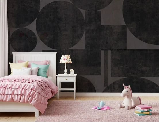 Charcoal circles and blocks wall mural framing a modern bedroom GD10862