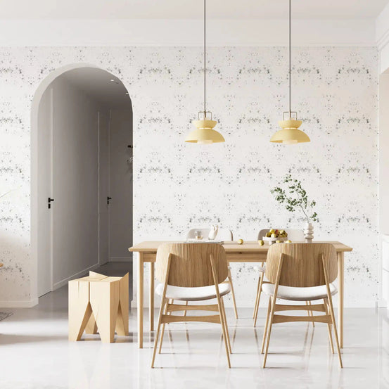 Distressed white plaster spreads behind a Dining room Industrial wallpaper GD10866