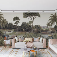 Vintage Exotic Tropical River and Cranes Wall Mural