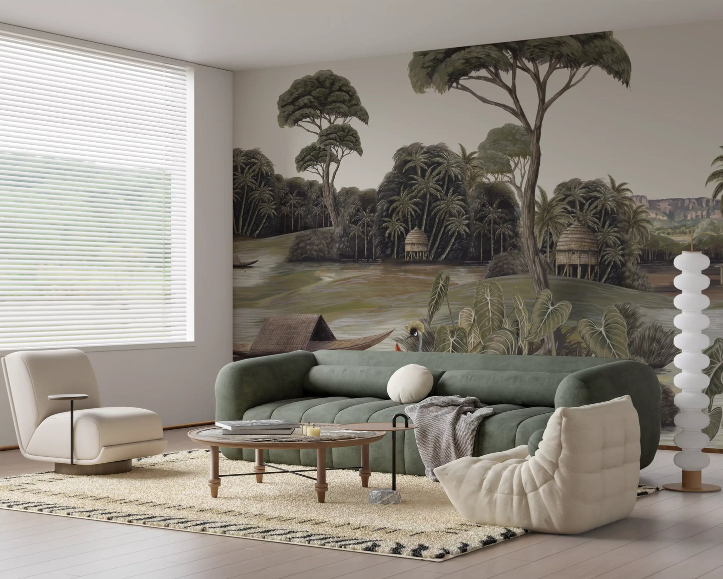 Vintage Exotic Tropical River and Cranes Wall Mural