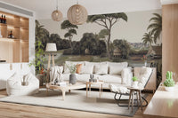 Vintage Exotic Tropical River and Cranes Wall Mural