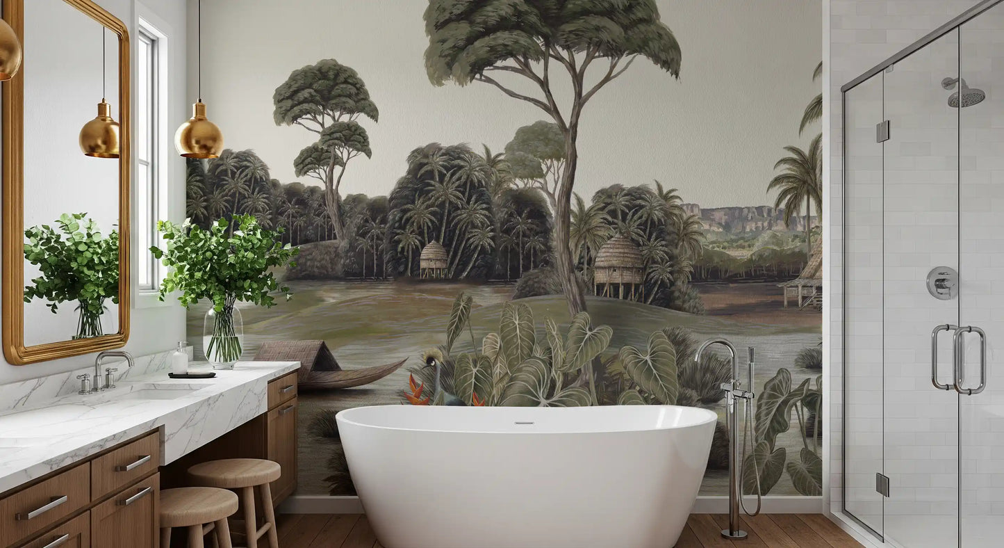 Vintage Exotic Tropical River and Cranes Wall Mural