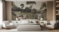 Vintage Exotic Tropical River and Cranes Wall Mural