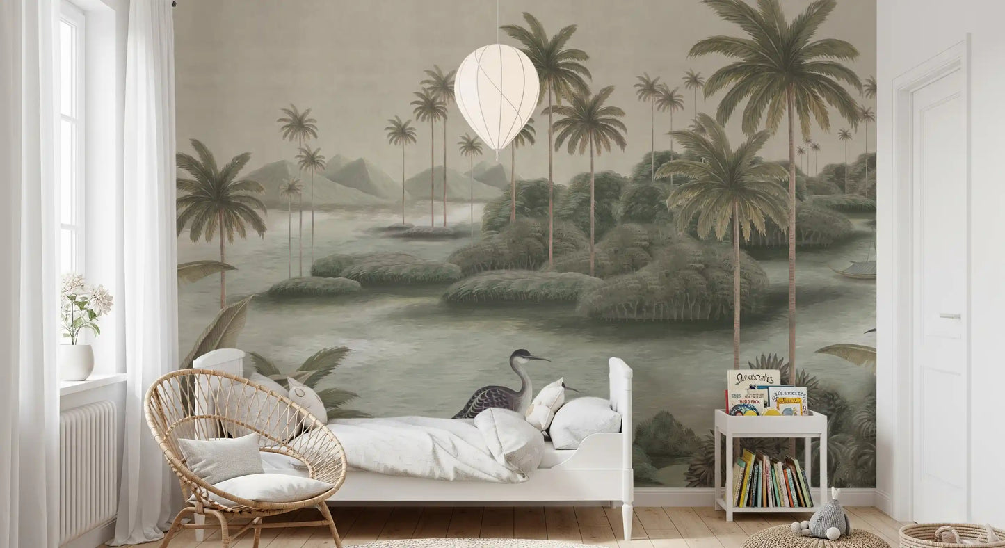 Vintage Chinoiserie Palm & Heron Wall Mural