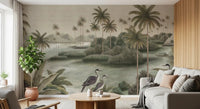 Vintage Chinoiserie Palm & Heron Wall Mural