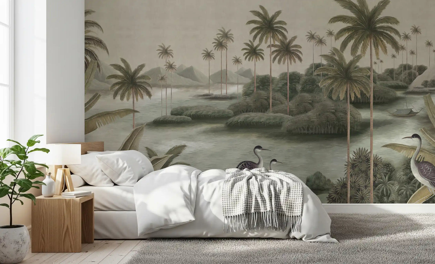 Vintage Chinoiserie Palm & Heron Wall Mural
