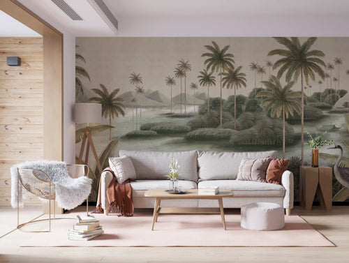Vintage chinoiserie wall mural greening a calm living room with palms and herons, GD10876