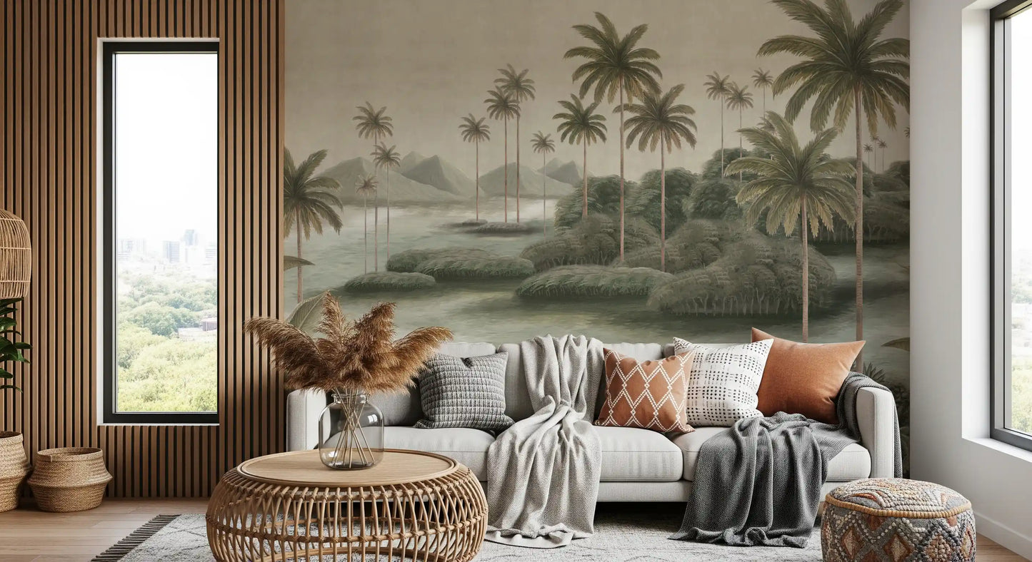 Vintage Chinoiserie Palm & Heron Wall Mural
