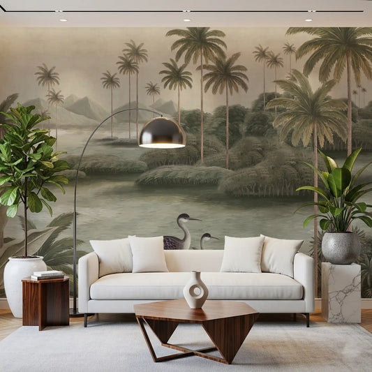 Palm and heron scene warming a Living room across the chinoiserie wall mural, GD10876