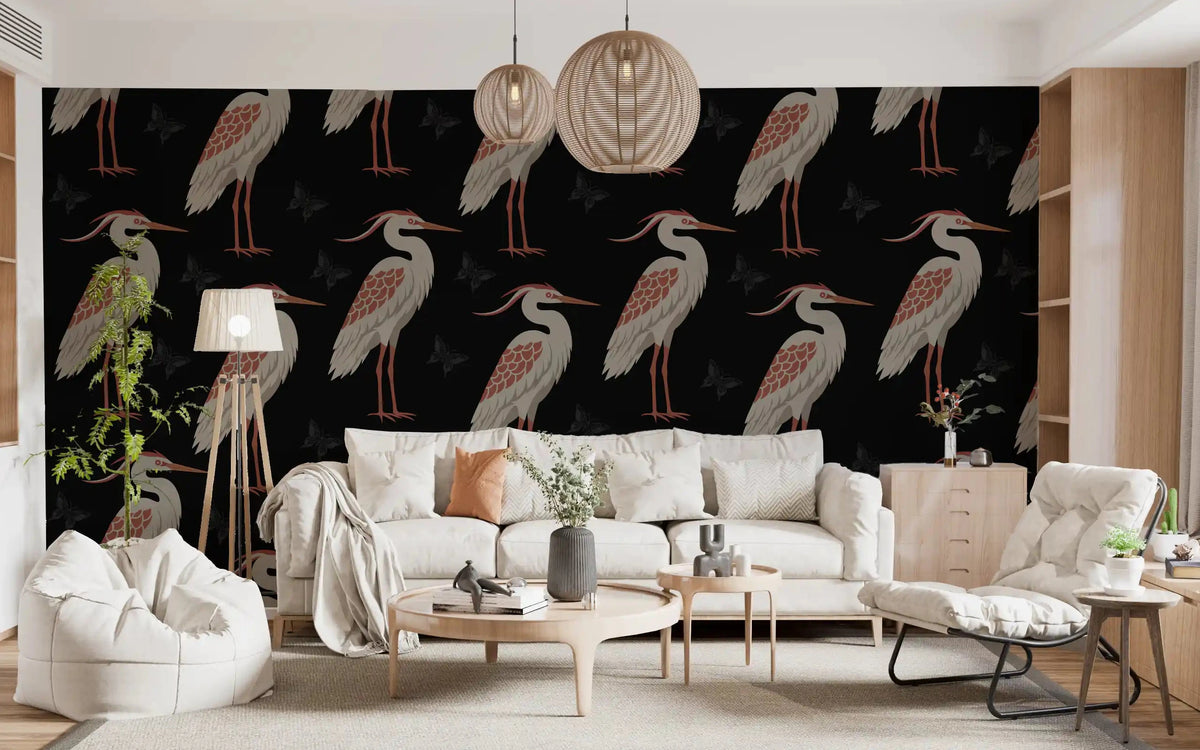 Muted heron pattern wall mural giving a living room a moody look GD10889
